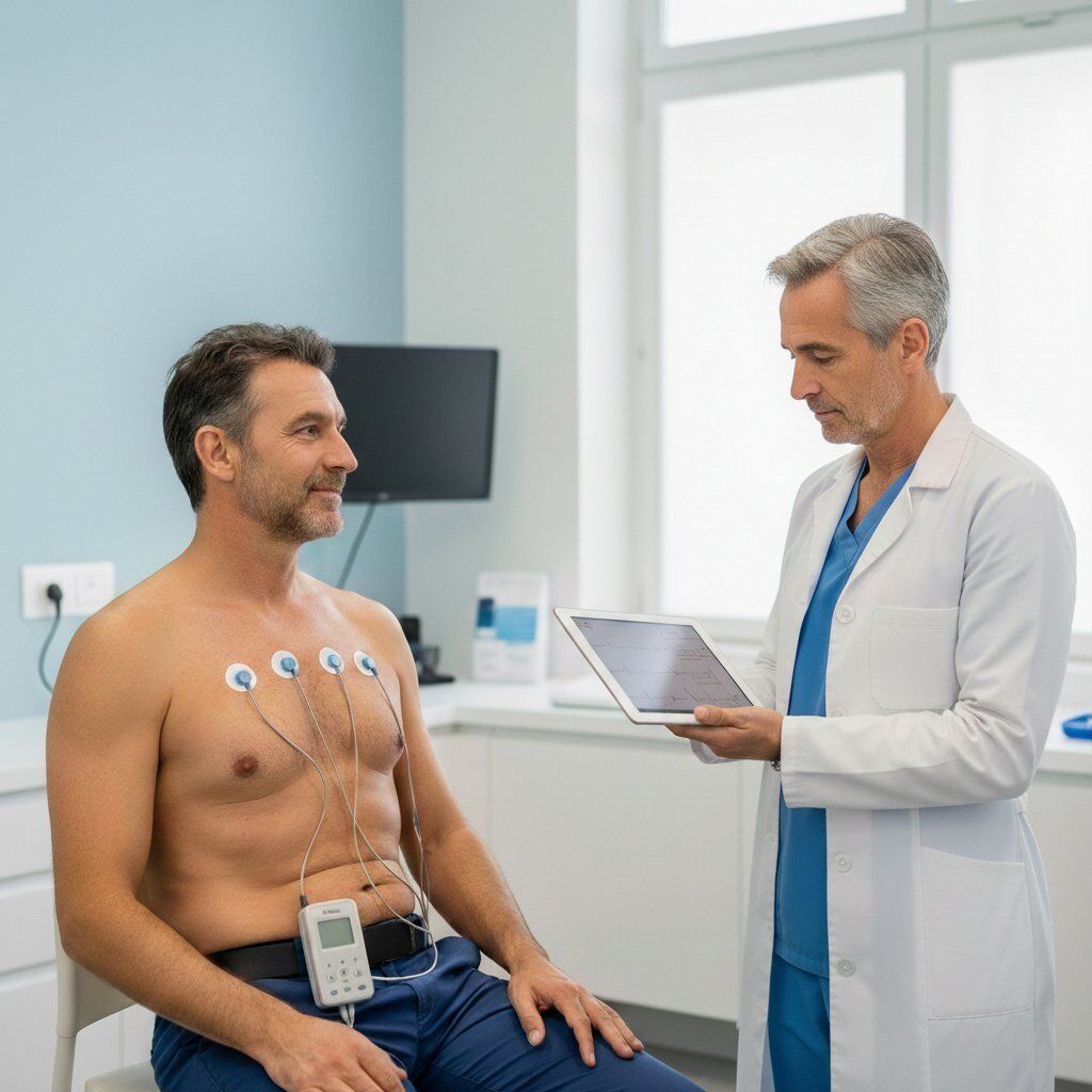 Paziente adulto sottoposto a esame elettrocardiogramma (ECG) con personale qualificato presso il Poliambulatorio BluMedica di Sandrigo.